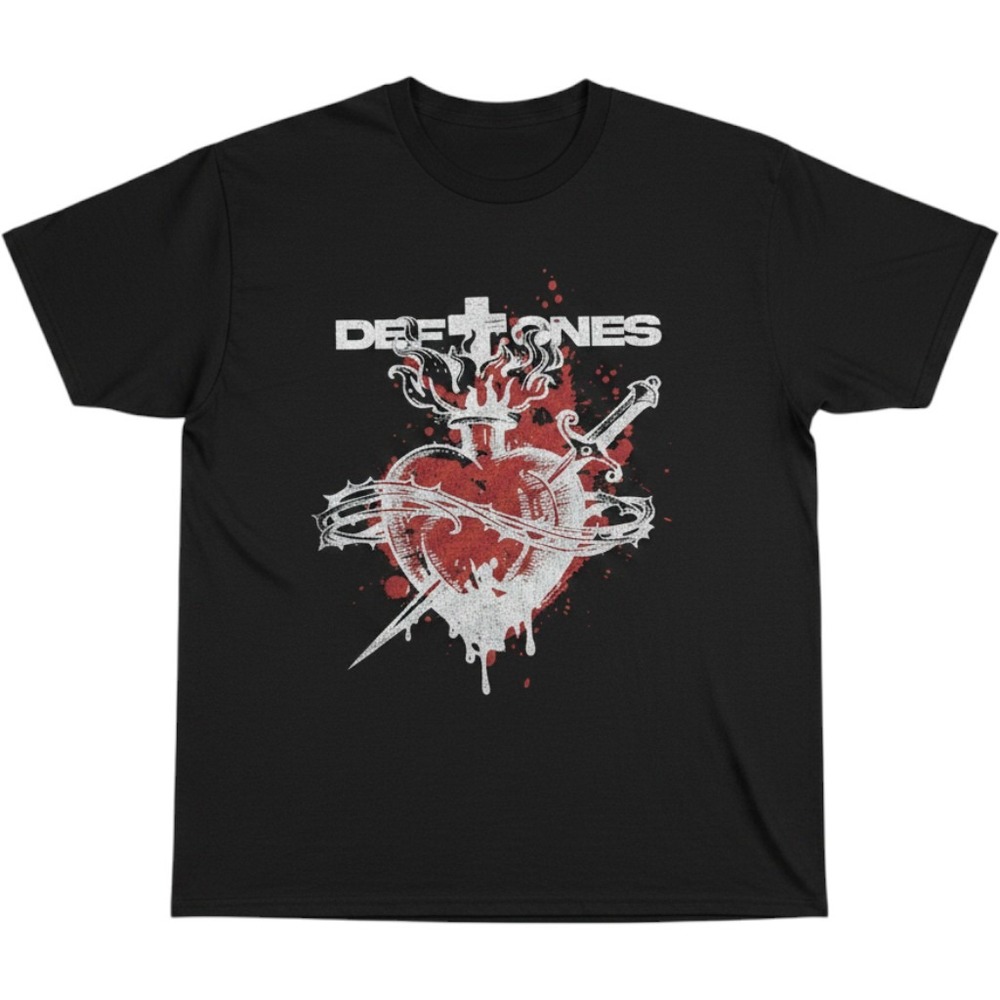 Deftones Band Graphic T-Shirt Black Heavy Cotton Heart Sword Cross Mens Large
